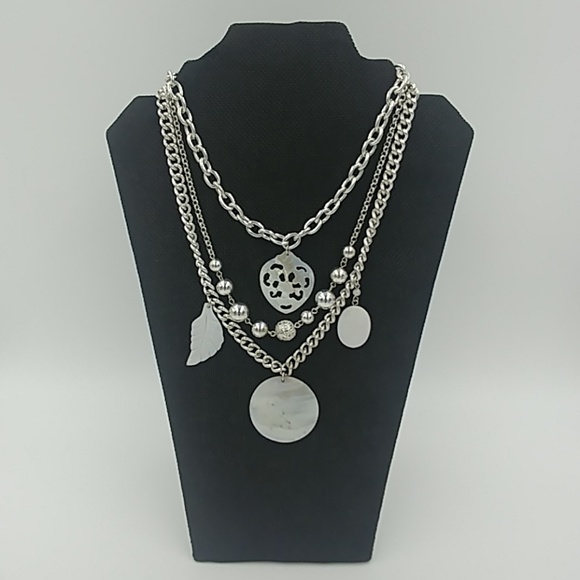 Multi Layer Silver Necklace W/ Shell Charm Accents - Picture 2 of 4
